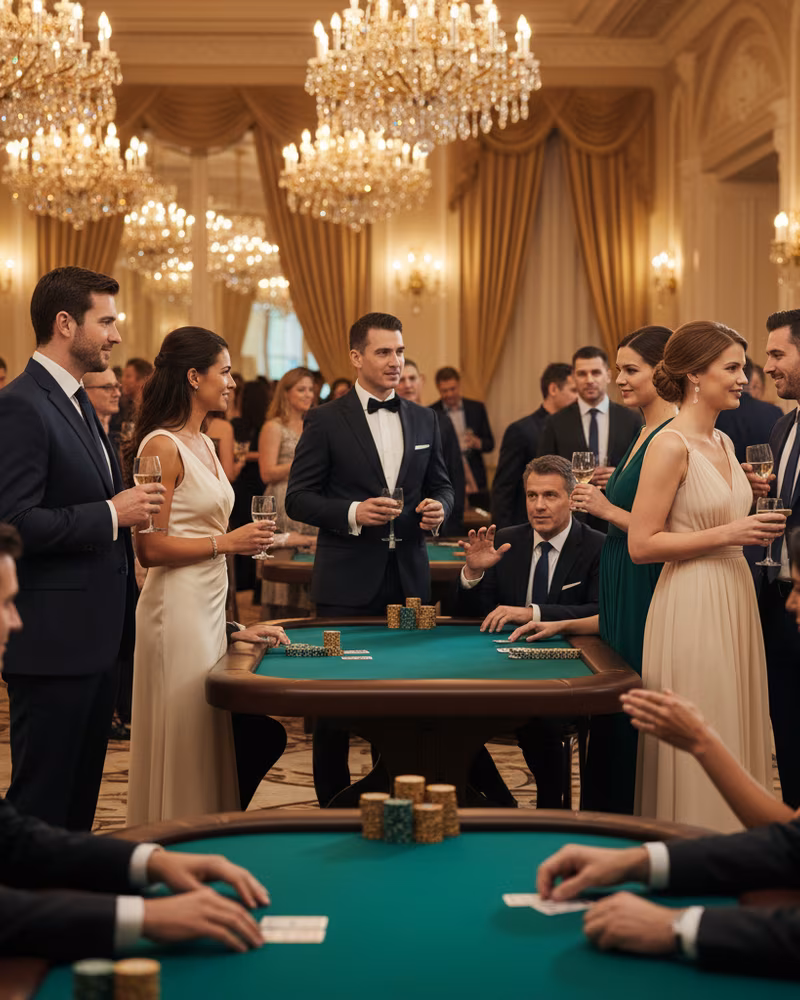 Korporacyjna gala z elegancko ubranymi gośćmi przy stołach pokerowych