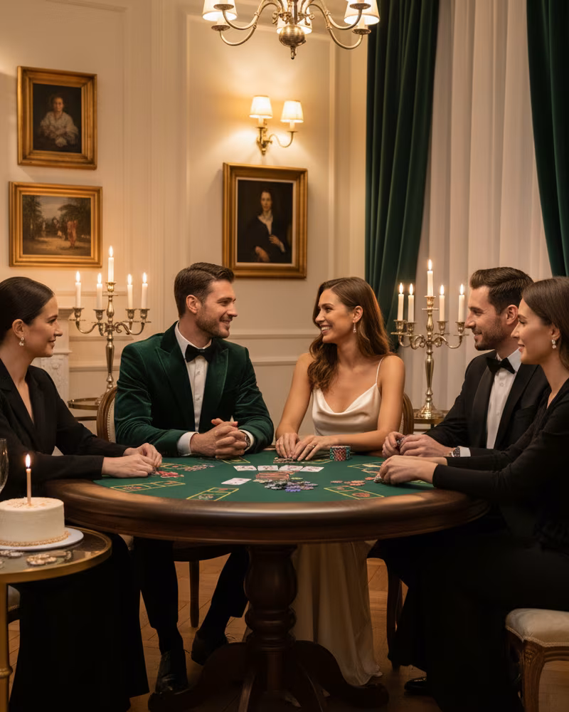 Intymna prywatna kolacja z grą pokerową przy świecach