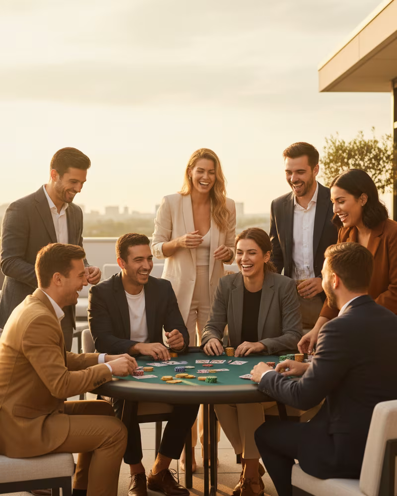 Młodzi profesjonaliści śmieją się podczas team-buildingu pokerowego