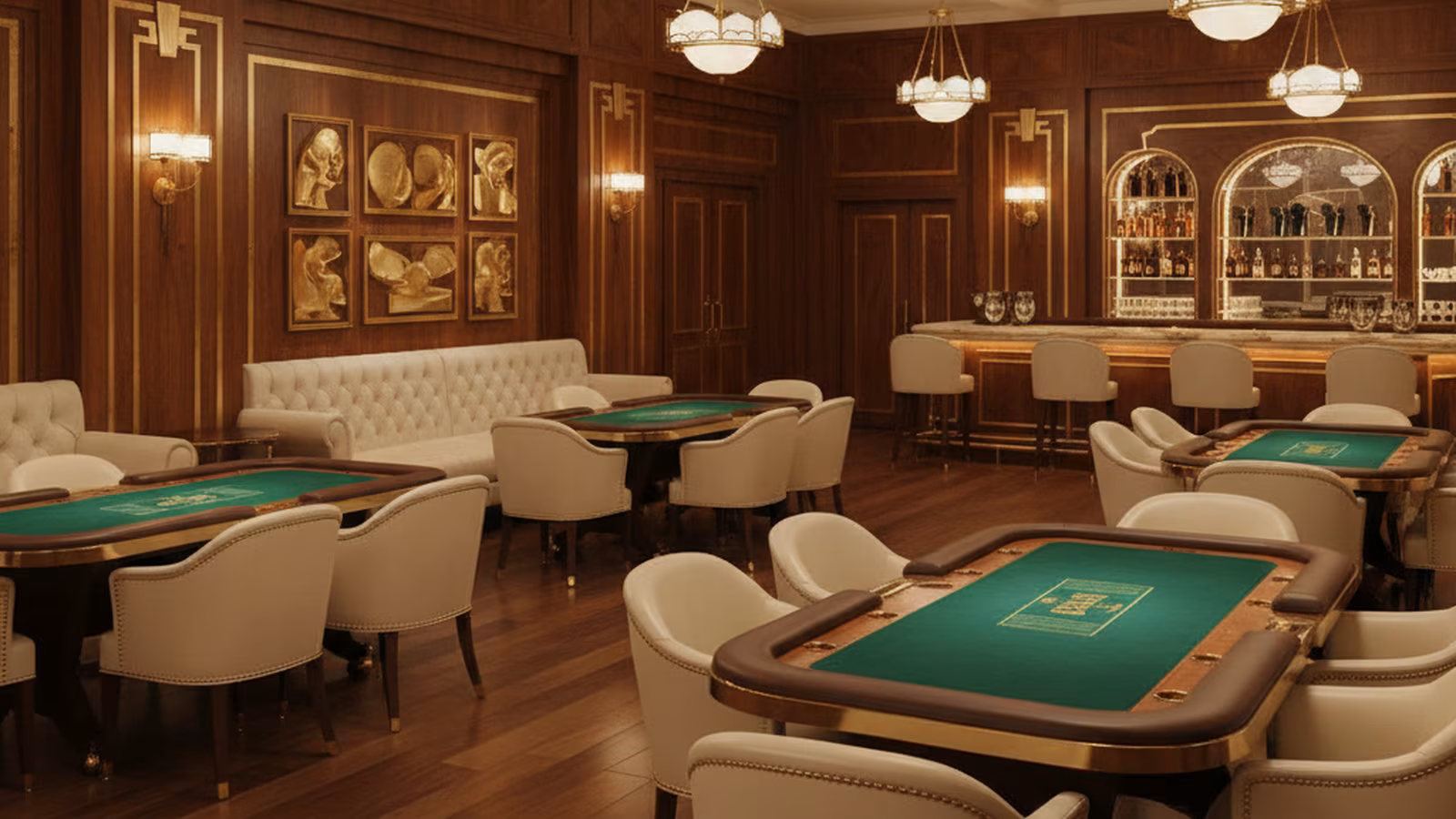 Wnętrze klubu pokerowego z drewnianymi panelami i mosiężnymi detalami