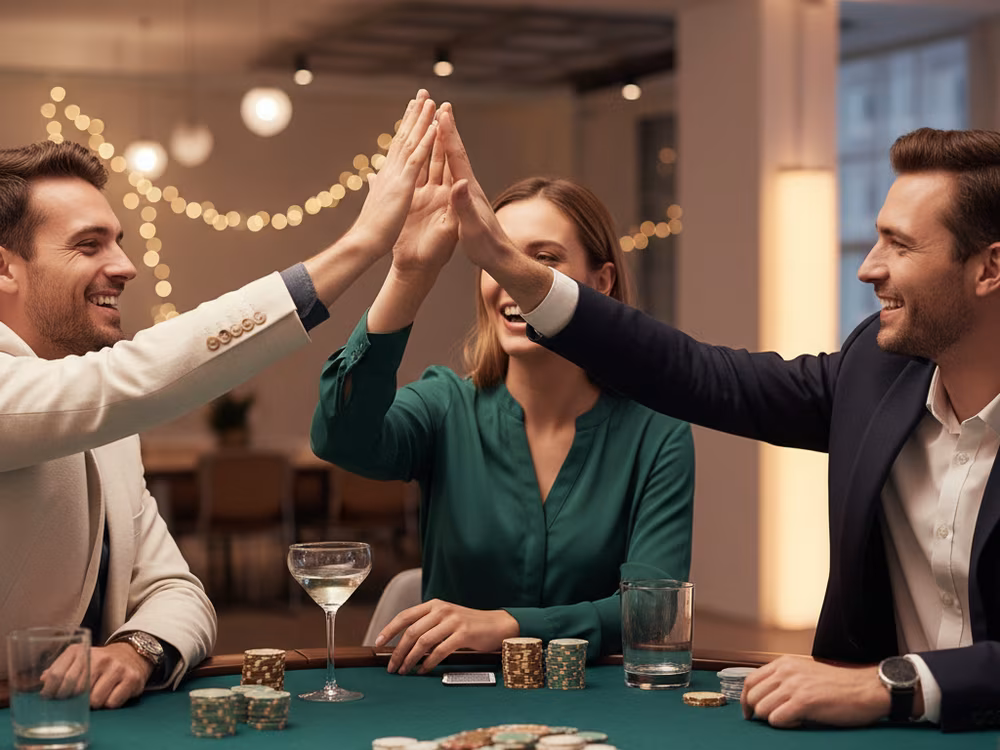 Grupa kolegów świętuje wygraną przy stole pokerowym